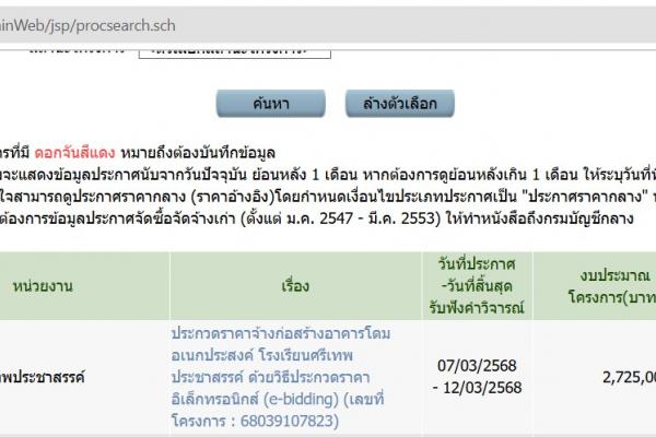 ประกาศการประกวดราคาจ้างก่อสร้างอาคารโดมอเนกประสงค์ โรงเรียนศรีเทพประชาสรรค์ ด้วยวิธีประกวดราคาอิเล็กทรอนิกส์ (e-bidding) (เลขที่โครงการ : 68039107823)